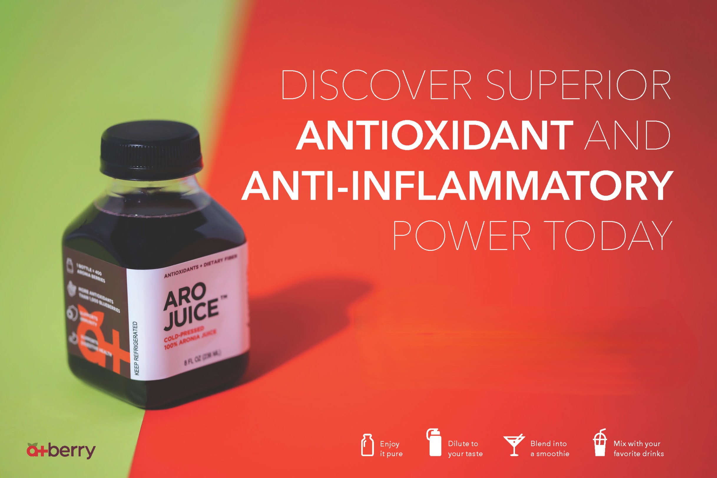 Aplusberry AroJuice showing patent-pending fiber encapsulation technology